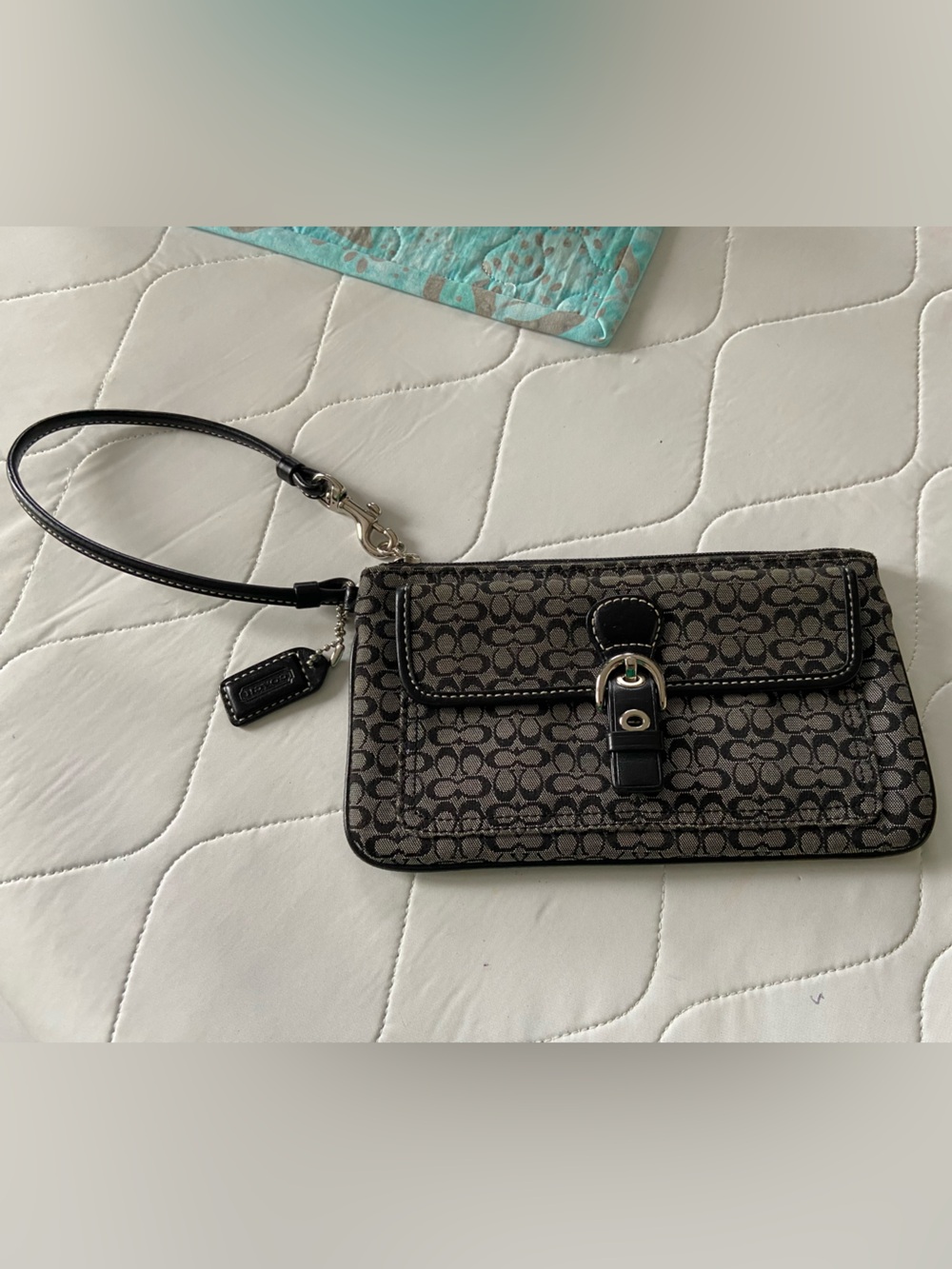 Coach Signature Canvas Black & Gray Wristlet with Buckle Detail